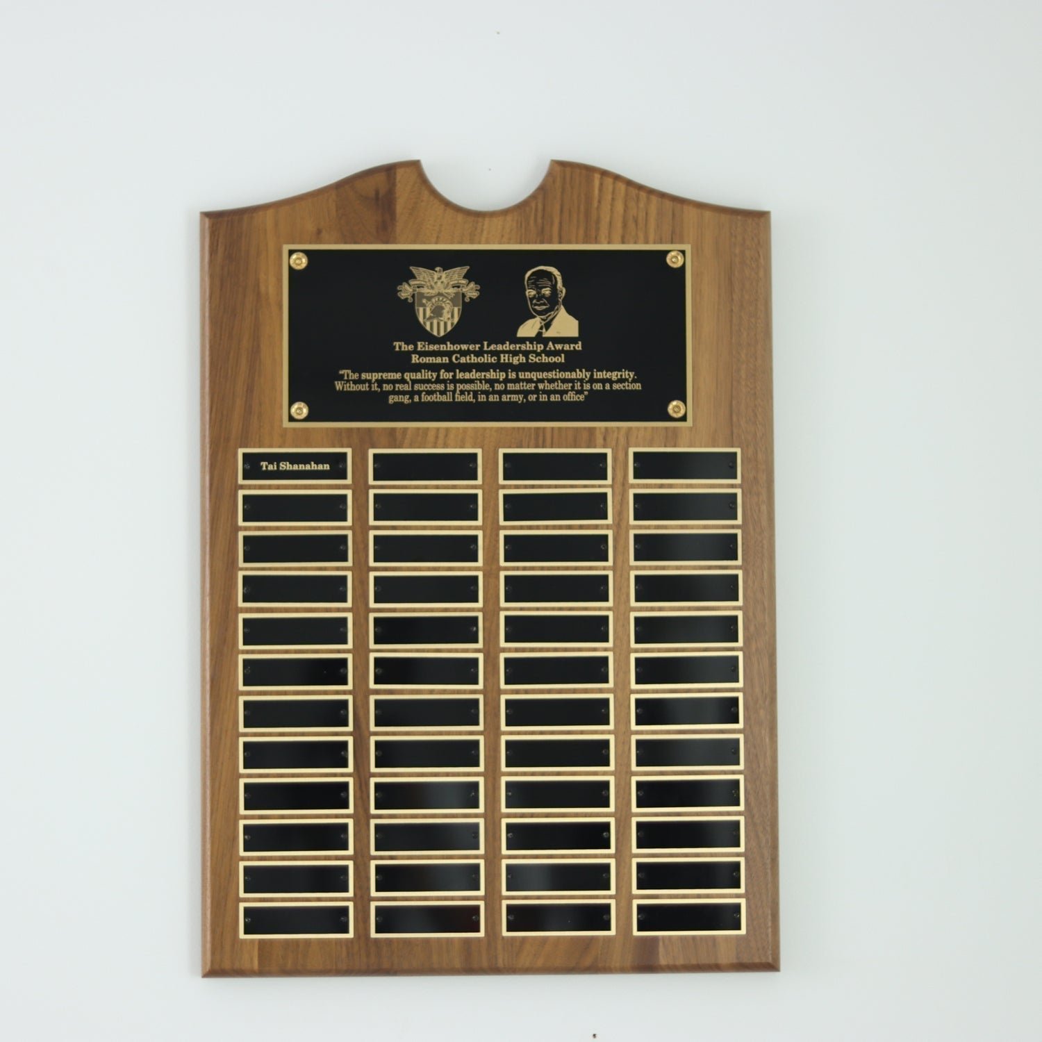 Perpetual Walnut Plaque With Scroll Top - 48 Black Plates